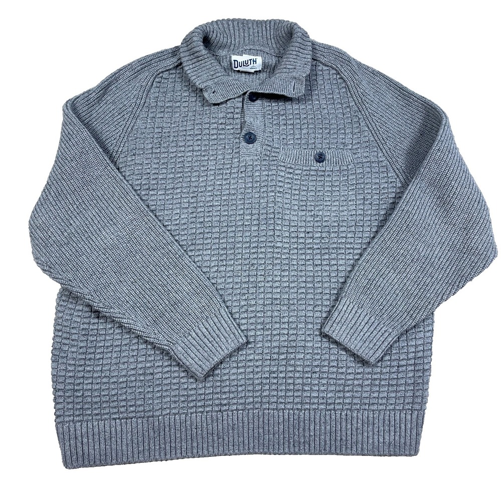 Duluth Sweater Men XLL Gray Heavy Waffle Knit Ribbed Henley Pullover Fishermen